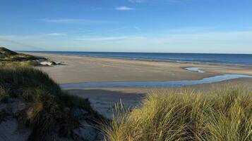Una playa con dunas de arena y cielo despejado.