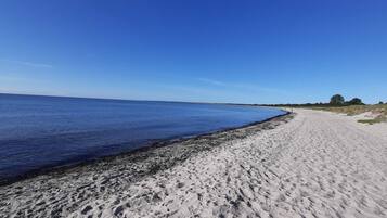 A sandy beach with a clear blue sky.
