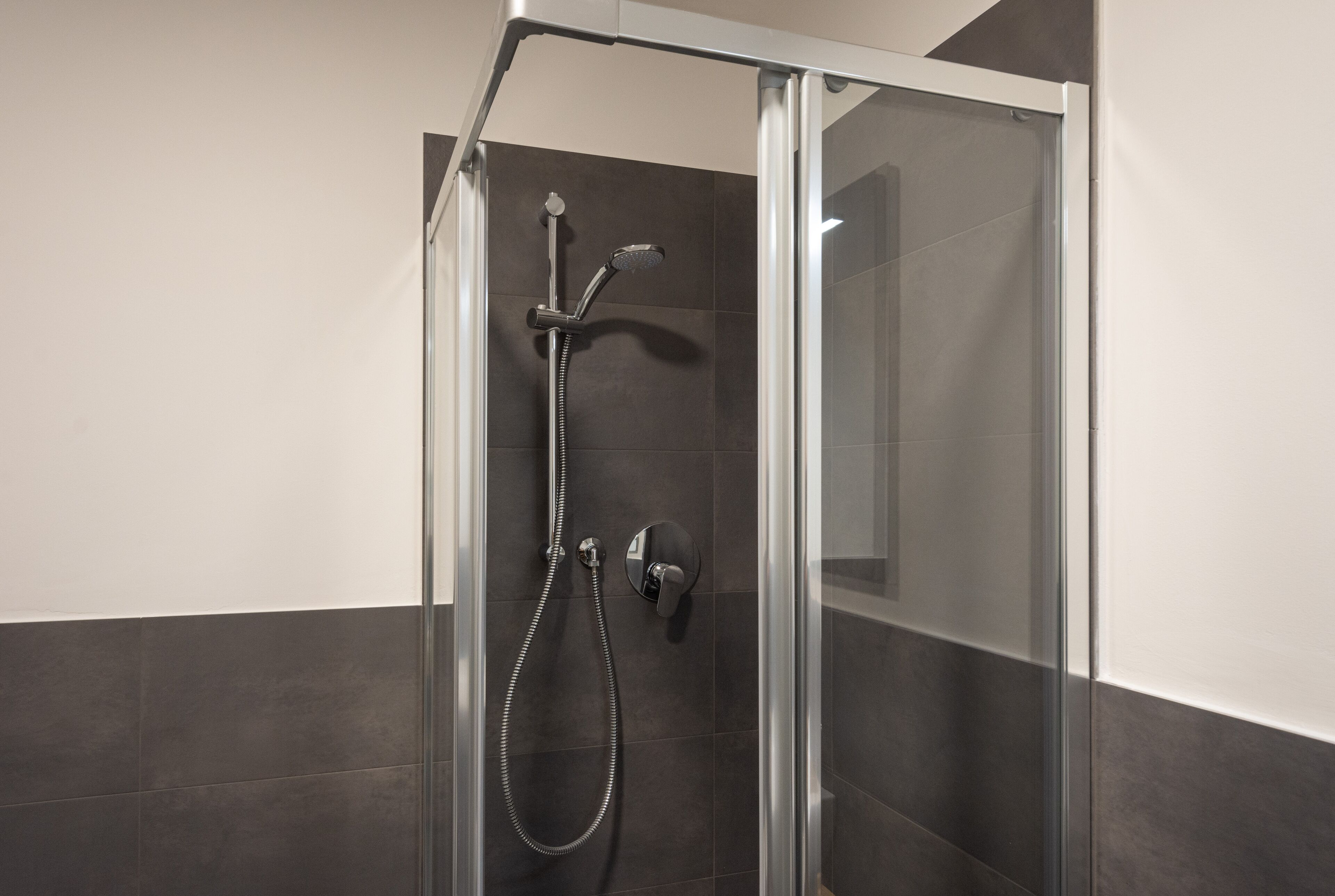 A modern shower with a glass door, a handheld showerhead, and a wall-mounted control.