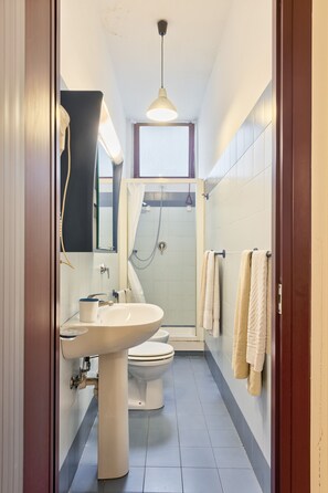 Un baño con lavamanos, inodoro y ducha.