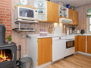 Une cuisine compacte équipée d’un poêle à bois, d’un four à micro-ondes et d’un lave-vaisselle.