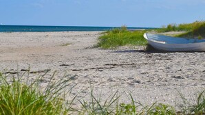 Una playa arenosa con un bote y hierba en primer plano.