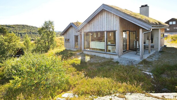 A modern house with a large glass facade, a wooden exterior, and a grassy roof. - 8 Person Holiday Home in Aseral (Aseral)