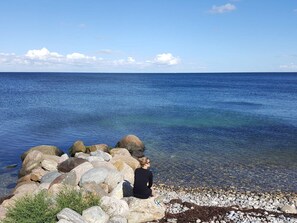 A person sitting on rocks by a clear blue sea. - 6 Person Holiday Home in Frorup (Frørup)