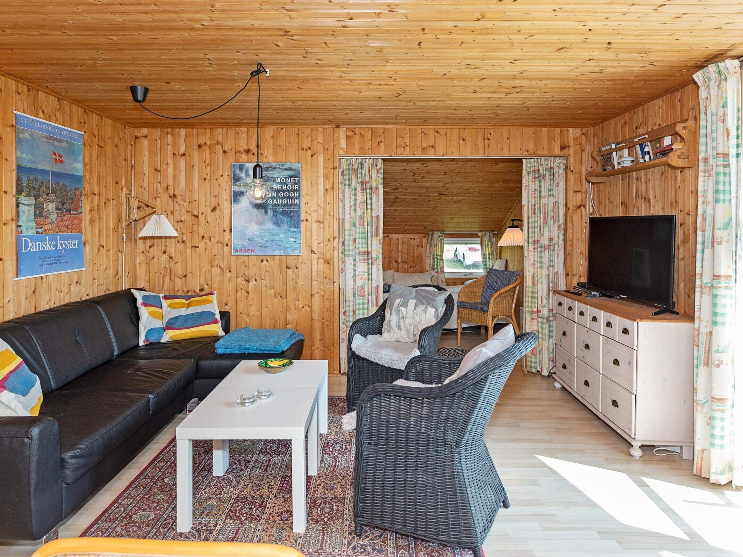 Una habitación acogedora con techo de madera, un sofá, una silla de mimbre, un televisor y un armario.
