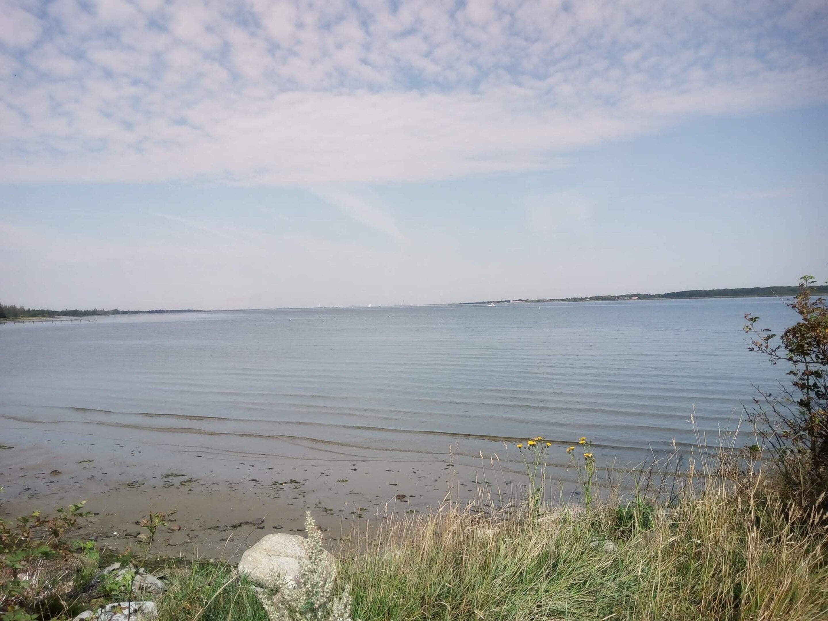 A calm body of water with a clear sky and distant land.