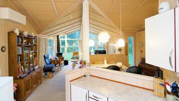 A spacious room with a wooden ceiling, a kitchen area with a marble countertop, and a seating area with a chair and a table.