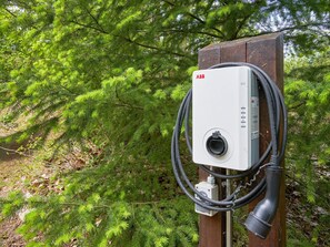 Une boîte électrique extérieure, avec un câble qui y est raccordé, se détache sur un fond de feuillage verdoyant.