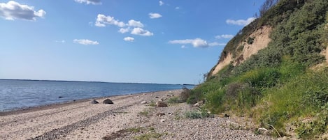 A pebbled beach with a clear sky and distant water.