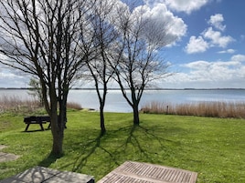 Zona verde con un banco y una mesa de picnic cerca del agua.