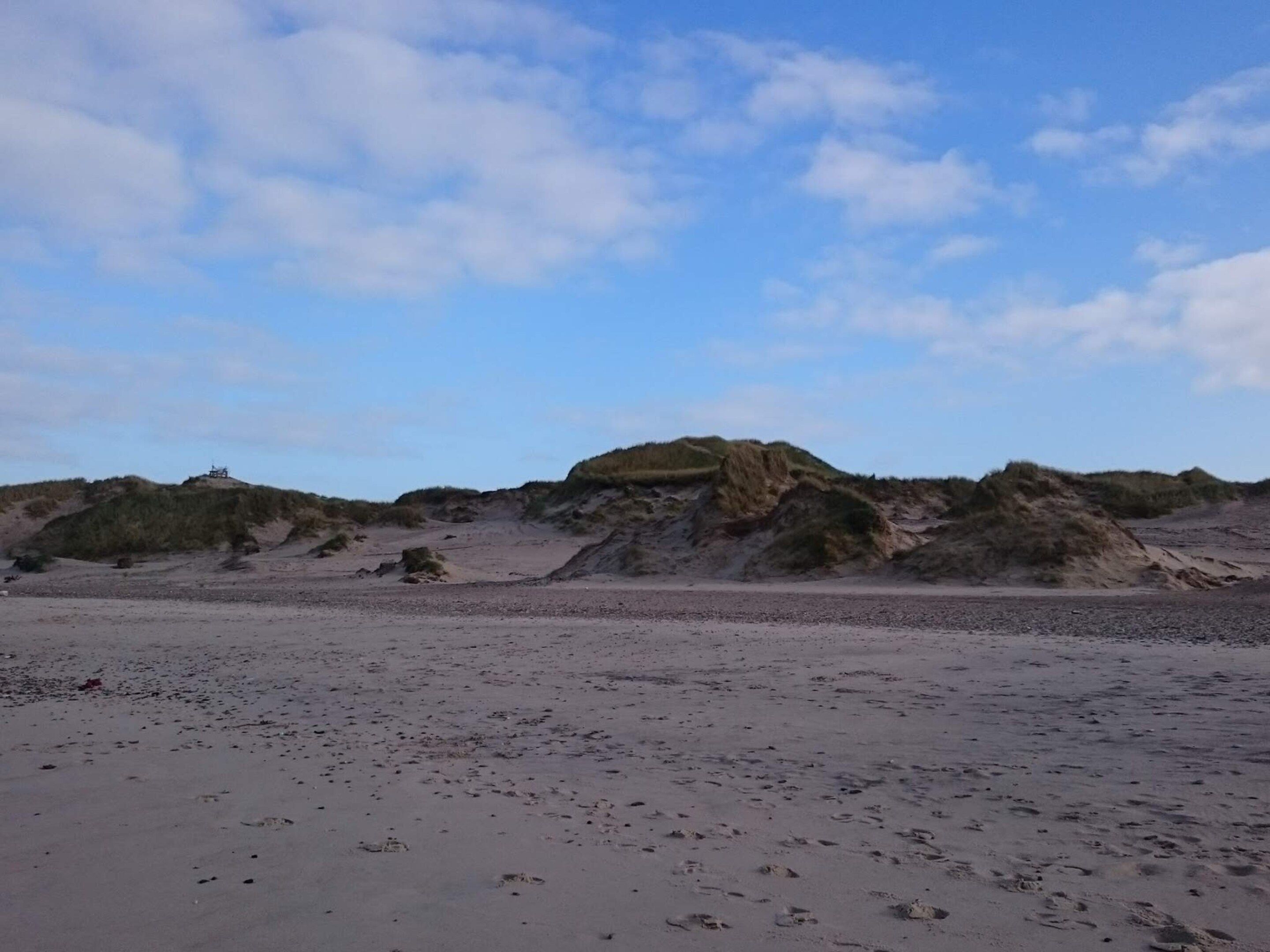 Une plage avec des dunes et un ciel dégagé.