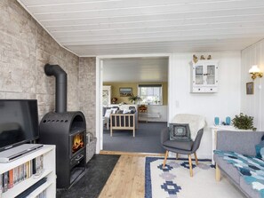 A cozy living room with a fireplace, a television, and a bookshelf.