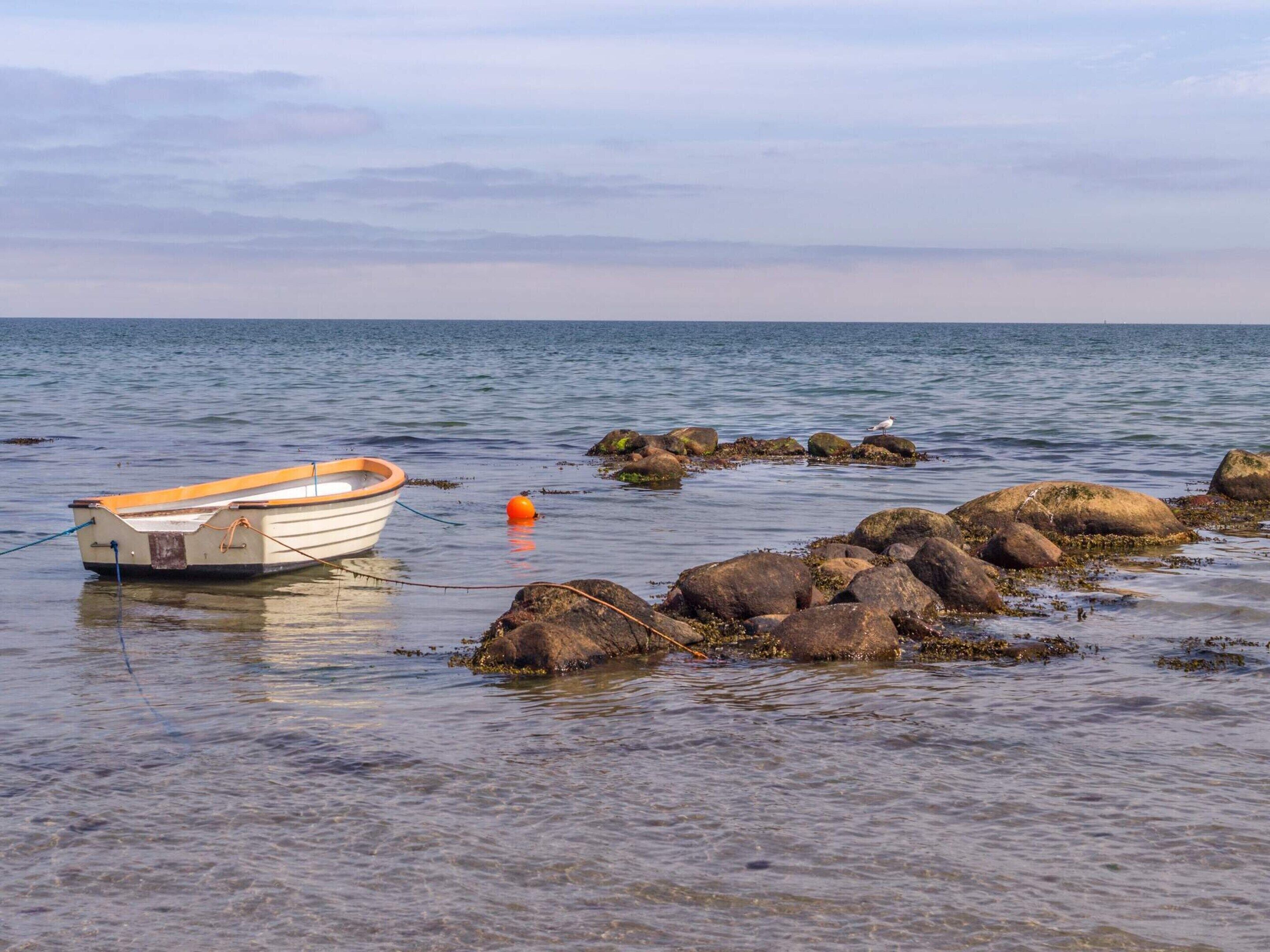Ein kleines Boot, an einem Bojen festgemacht, an einem felsigen Ufer mit ruhigem Wasser.
