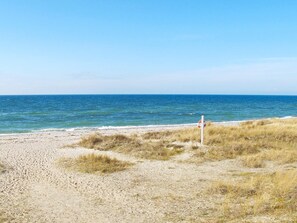 Una playa con orilla arenosa y una zona verde al frente.