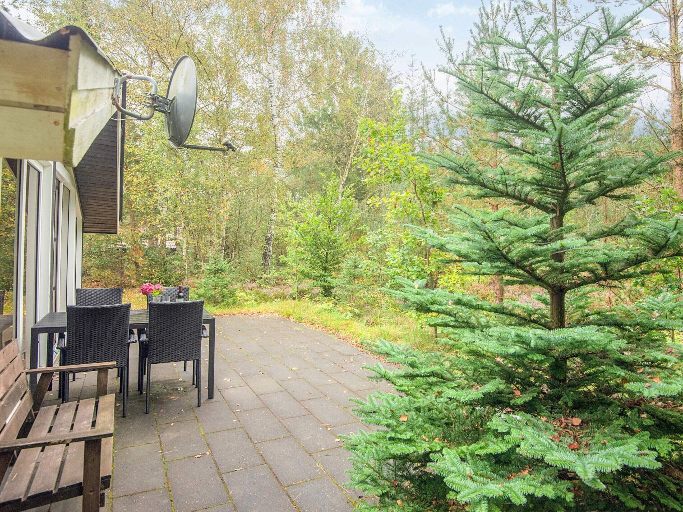 Une terrasse avec des meubles d’extérieur, une antenne parabolique et un arbre à feuilles persistantes.