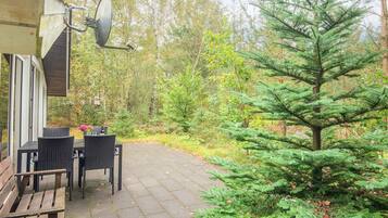 A patio with a table and chairs, surrounded by trees and a small coniferous tree.