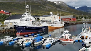 A harbor with boats docked, a red building, and a mountainous backdrop. - Holiday Home in Arnøyhamn (Skjervoy)