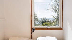 Una stanza piccola con un letto singolo e una finestra che si affaccia su un paesaggio naturale.