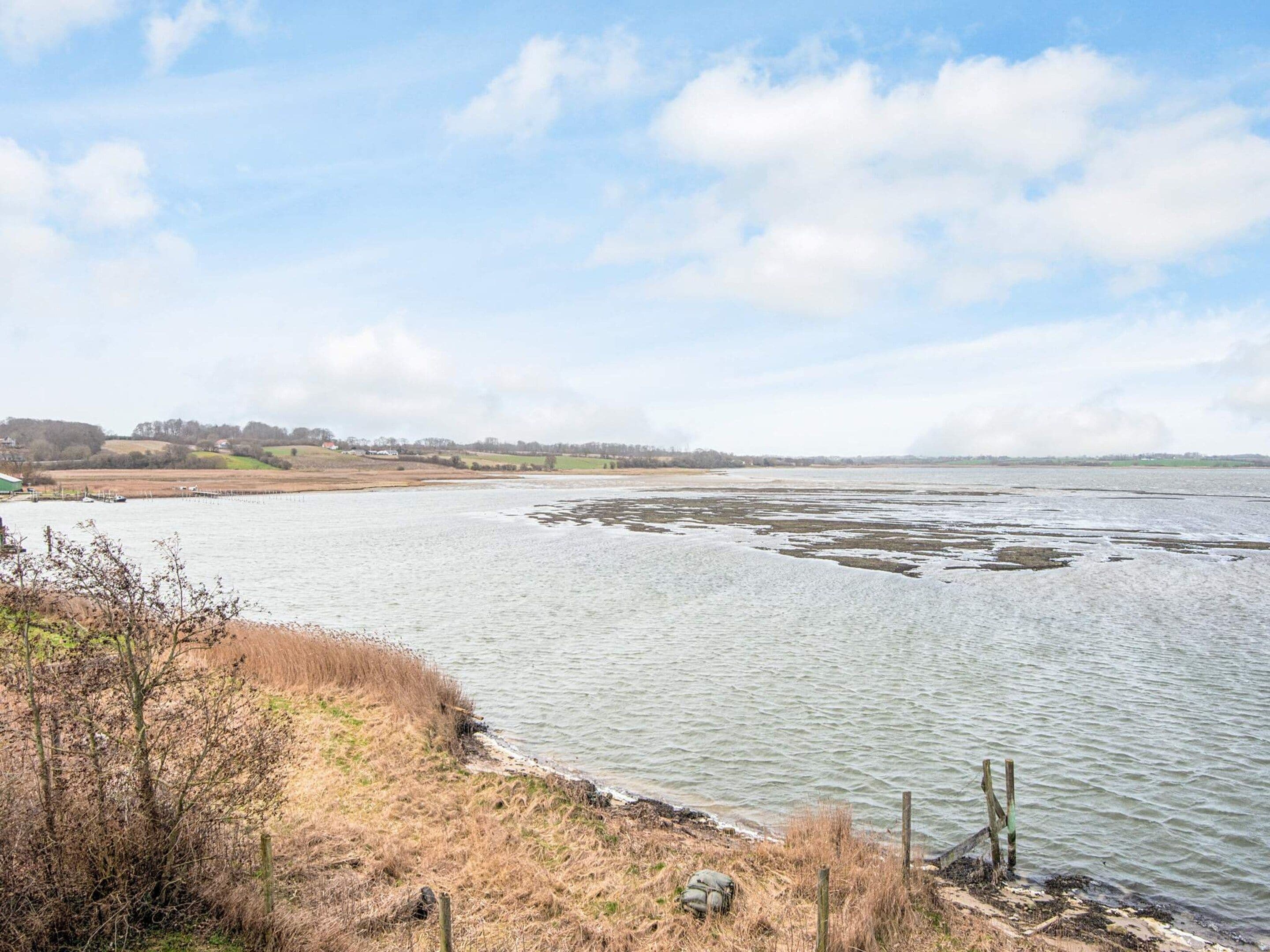 Un río con una orilla cubierta de hierba y un pueblo lejano.