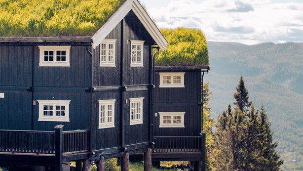 A multi-story wooden house with a grass roof, situated on stilts in a mountainous area. - Holiday Home in FÃ¥vang (Ringebu)