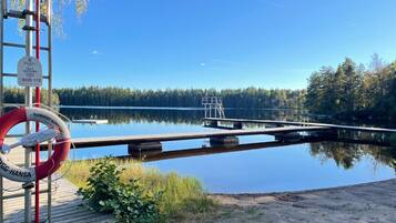 A calm lake with a wooden dock extending into the water, surrounded by trees.