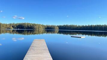 A wooden pier extending into a calm lake with a forested shoreline in the background.