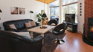 A modern living room with a black leather sofa, a wooden coffee table, and a black armchair. There is a fireplace, a television, and a large window with a view of buildings outside. - Modern Holiday Home in Jutland With Sauna (Hadsund)