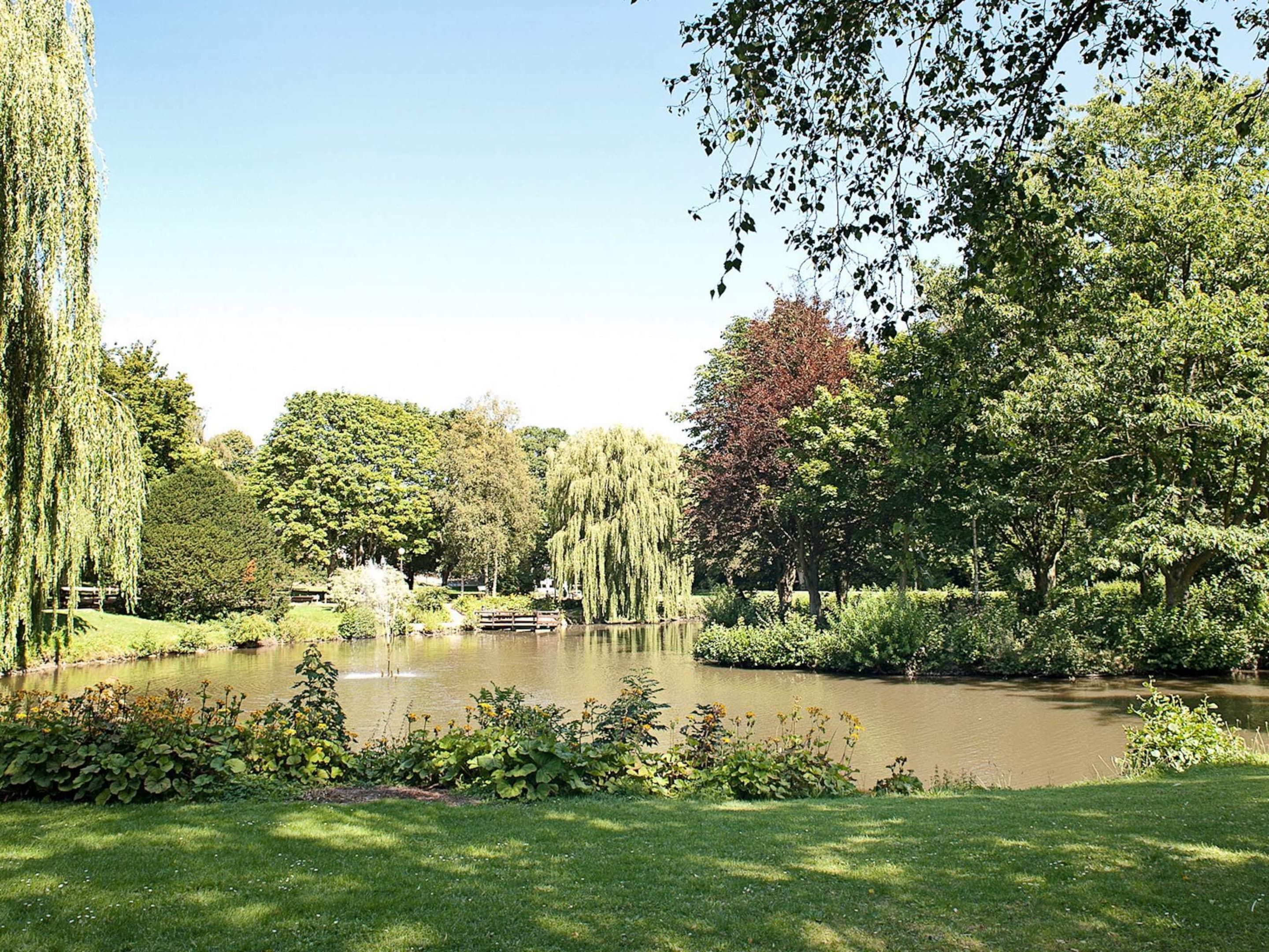 A serene park with a pond, lush greenery, and trees.