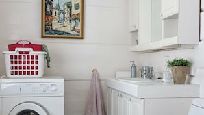 Une buanderie équipée d’un lave-linge, d’un étendoir, d’une serviette, d’un évier avec un miroir et d’une plante en pot.