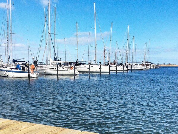 A marina with multiple sailboats docked at wooden piers.