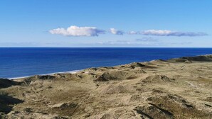 A coastal landscape with a clear sky and a view of the ocean.