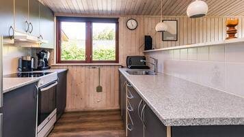 Eine moderne Küche mit Holzverkleidung, einem großen Fenster, einem Einbauofen, einer Spüle und einer Arbeitsplatte.