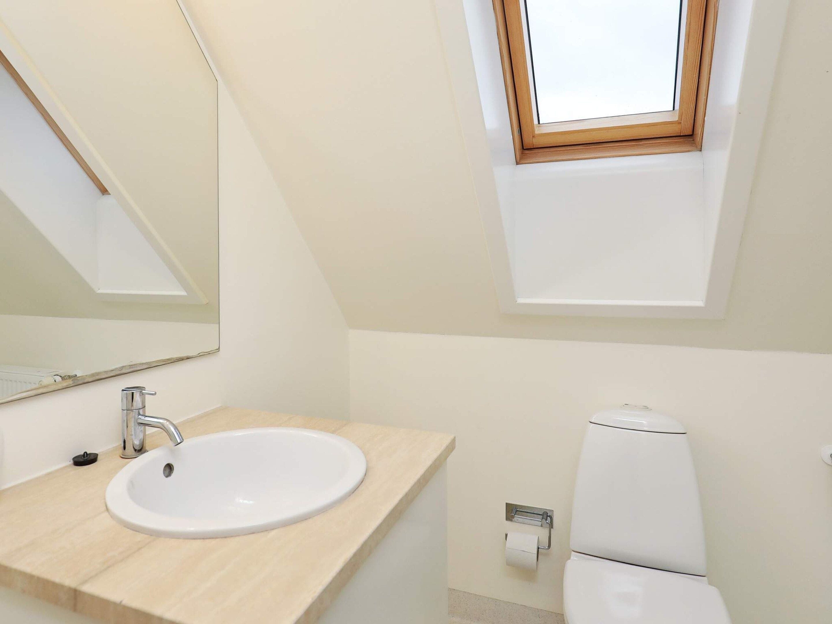 A modern bathroom with a skylight, a sink, and a toilet.