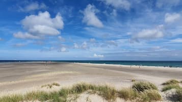 Une plage avec des dunes de sable et un ciel dégagé.