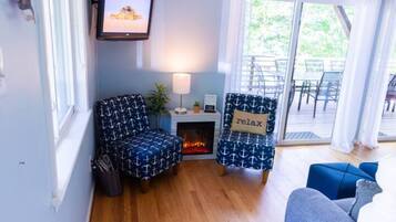 Smart TV, fireplace, DVD player, books