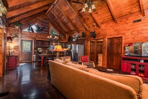 Televisión, chimenea, reproductor de DVD y estéreo 