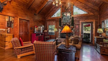 Televisión, chimenea, reproductor de DVD y estéreo