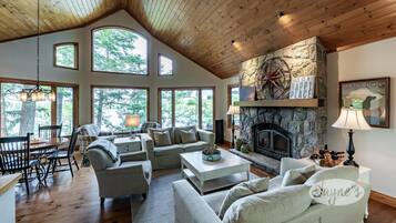 Smart TV, fireplace, books