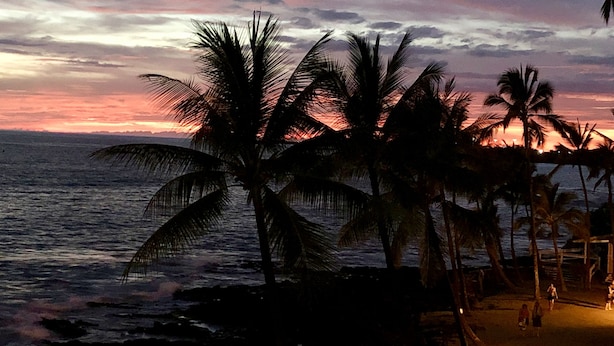 A beach scene with palm trees and a sunset over the ocean.