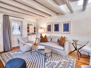 Smart TV, fireplace, books