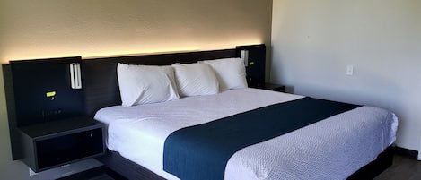 Desk, laptop workspace, free WiFi, bed sheets