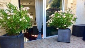 A patio area with two large potted plants with pink flowers, a sliding glass door, and a tiled floor.