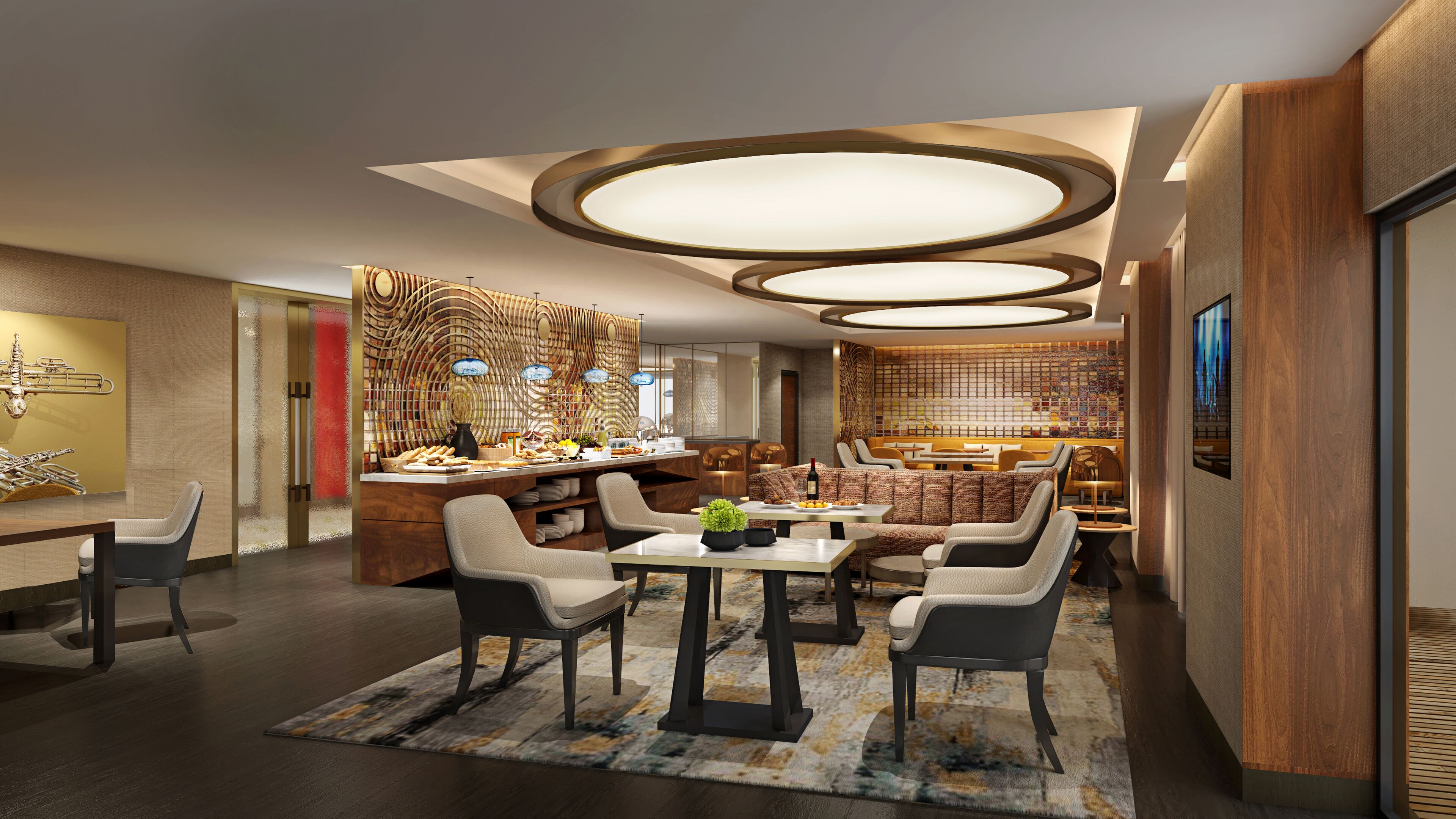 A modern dining area with a central island, seating arrangements, and a decorative ceiling.