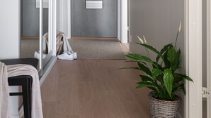A hallway with a sliding glass door, a potted plant, and a small table with a towel. - SleepWell Apartments Katajanokka (Helsinki)