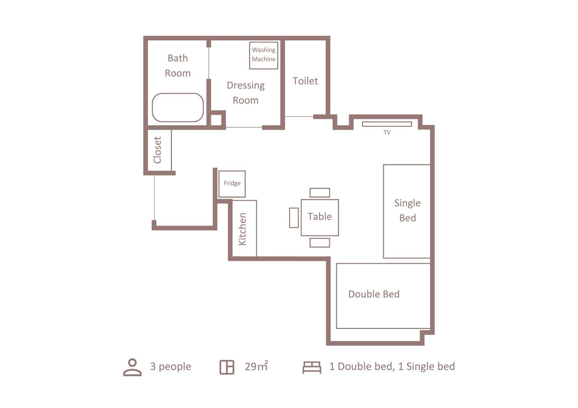 Distribución de un apartamento de 29m² con cama doble, cama individual, cocina, zona de comedor, baño y televisor.