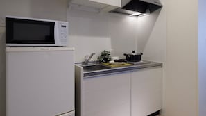 Fridge, microwave, stovetop, electric kettle
