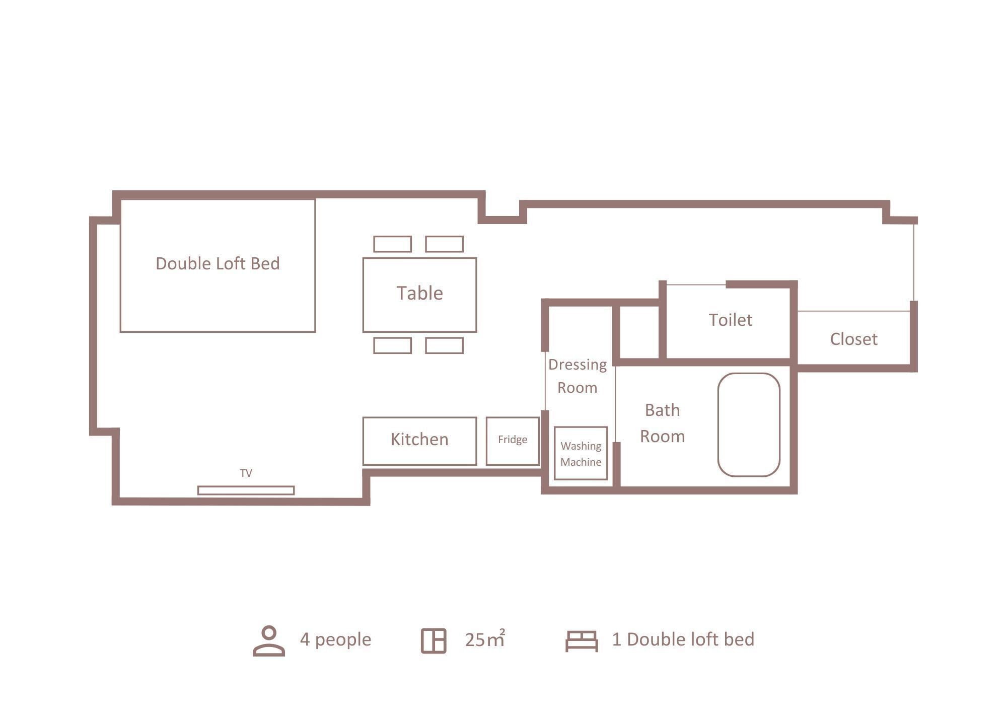 Plan d’étage d’un appartement de 25 m² comprenant un lit mezzanine double, une table, une cuisine, un téléviseur, un dressing, une salle de bain et un placard.