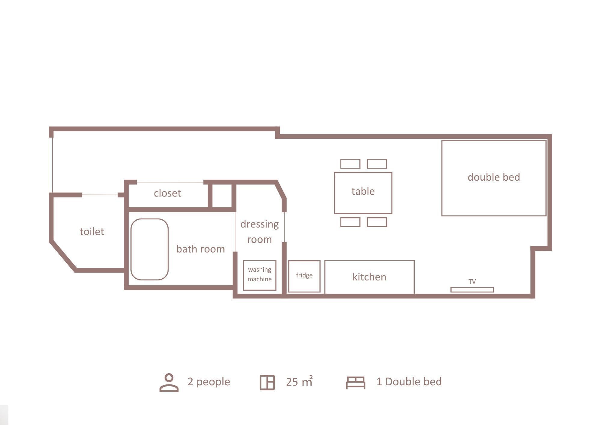 A floor plan of a 25 m² apartment with 2 people capacity, including a double bed, a kitchen, a dining area, a bathroom, a dressing room, and a closet.