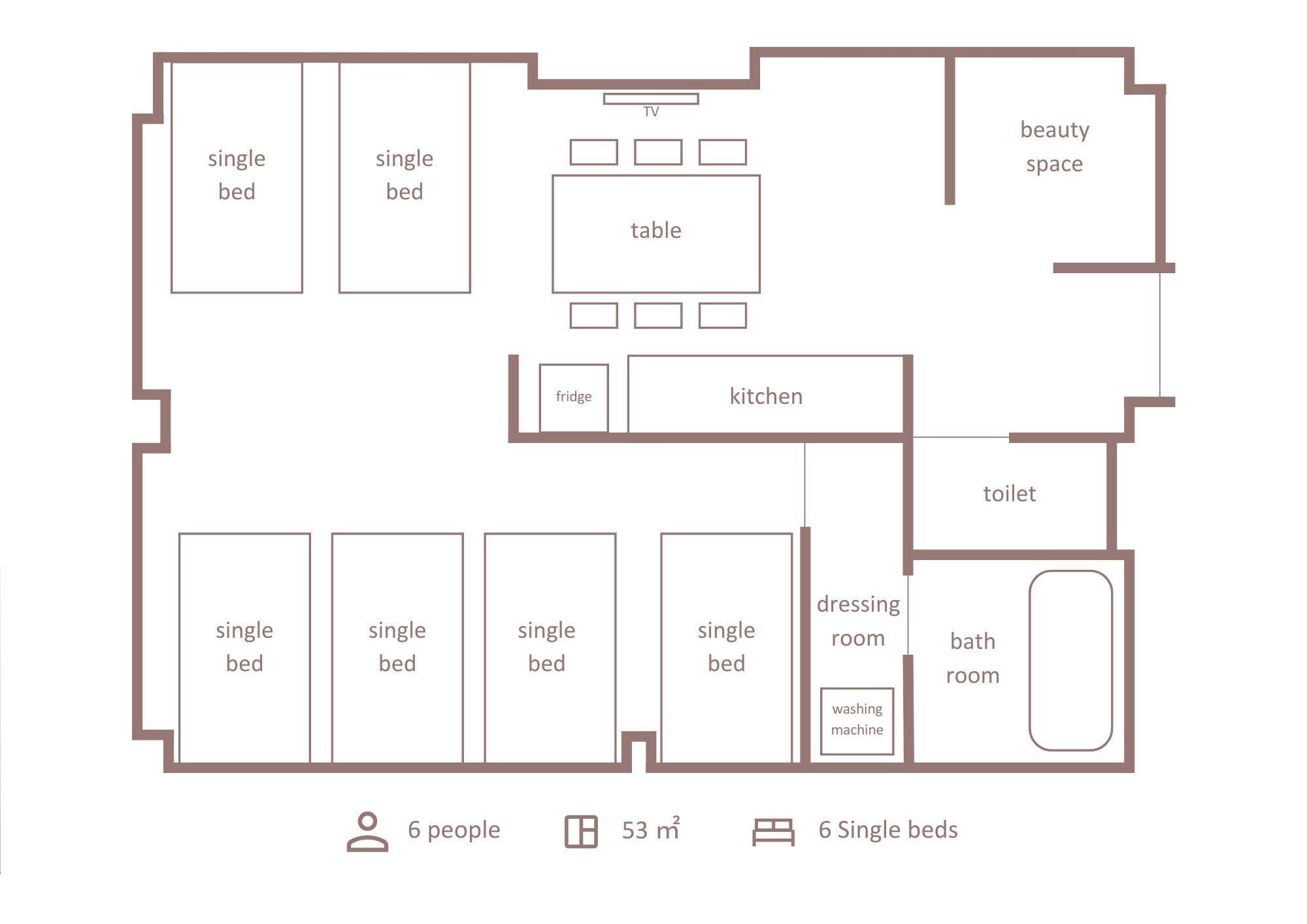 Ein Grundriss mit 6 Einzelbetten, einem Fernseher, einem Tisch, einer Küche, einem Badezimmer, einem Ankleidezimmer mit Waschmaschine und einem Schönheitsbereich.