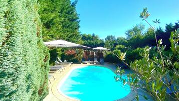 Seasonal outdoor pool, open 10:00 AM to 8:00 PM, sun loungers